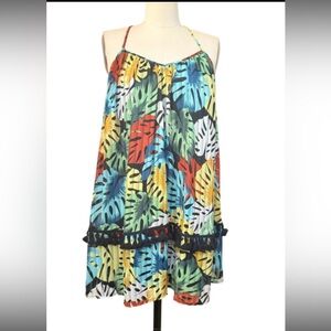 Gianni Bini-spaghetti tropical racer back , black ruffle trim mini dress